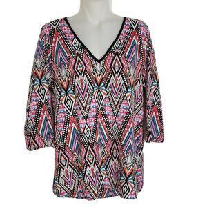 Dina Be Womens Tunic Top Medium Geometric V Neck High Low Multi Color 3/4 Sleev